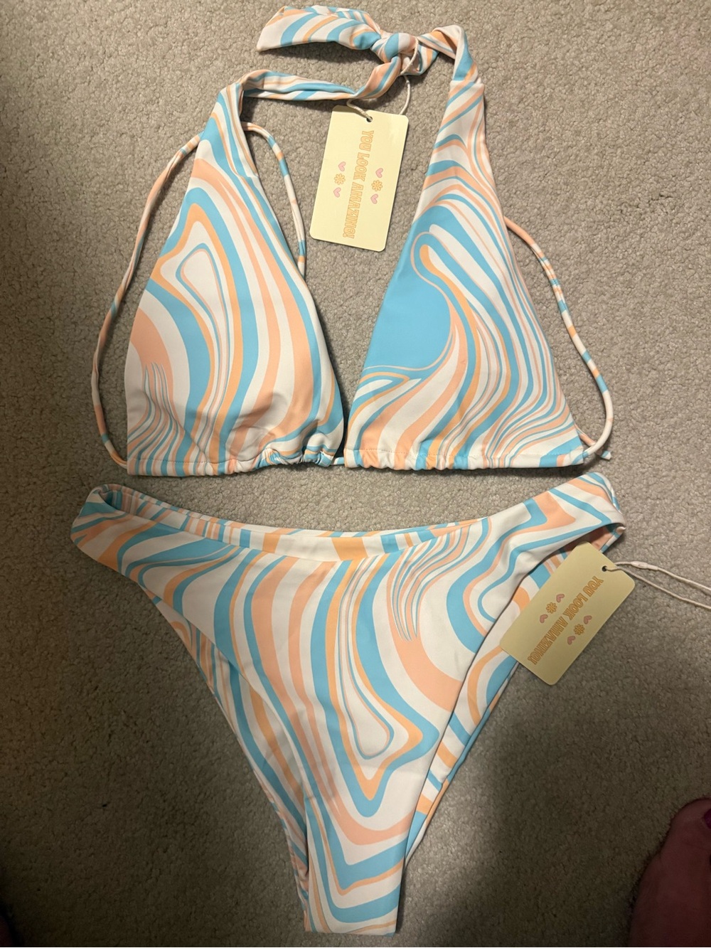 AURELLE Pastel Swirl Triangle Bikini in Blue & Peach